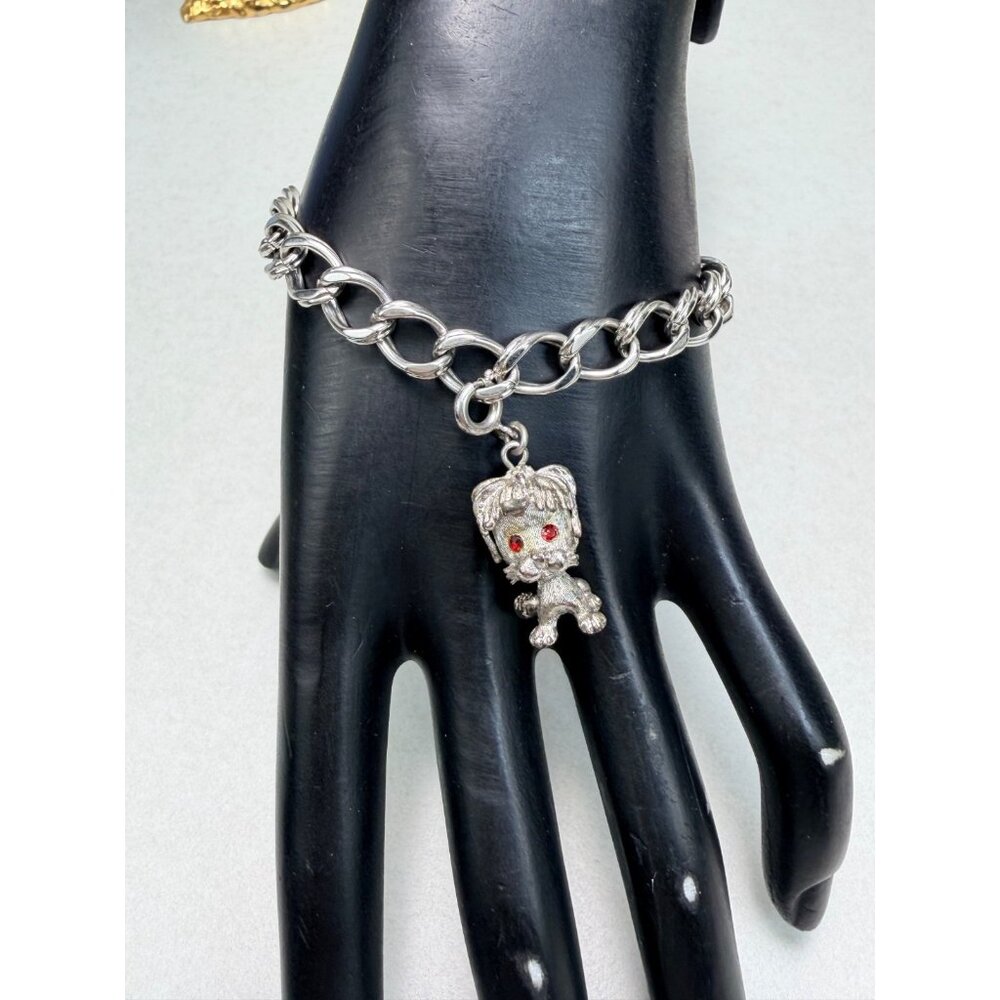 Vintage Monet Bracelet Silvertone Red Rhinestone Eye Lion Charm Brushed Finish